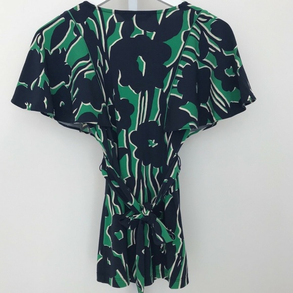 BCBG NAVY BLUE GREEN WHITE FAUX WRAP BELTED TOP SIZE XS - Picture 4 of 13